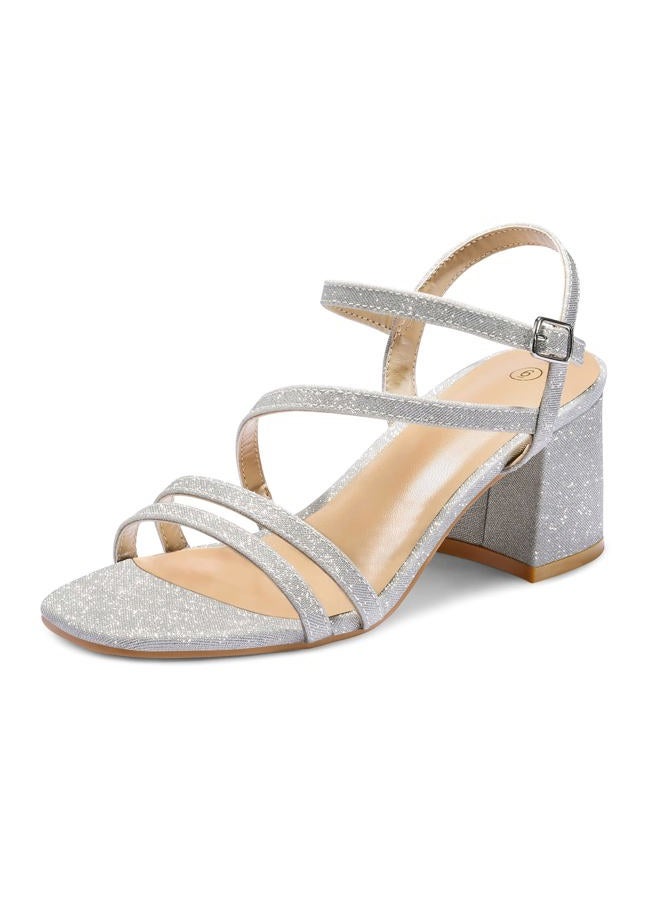 mysoft Women's Strappy Low Chunky Block Heel Sandals Open Toe Dress Shoes, Silver, 7.5 - Image 1
