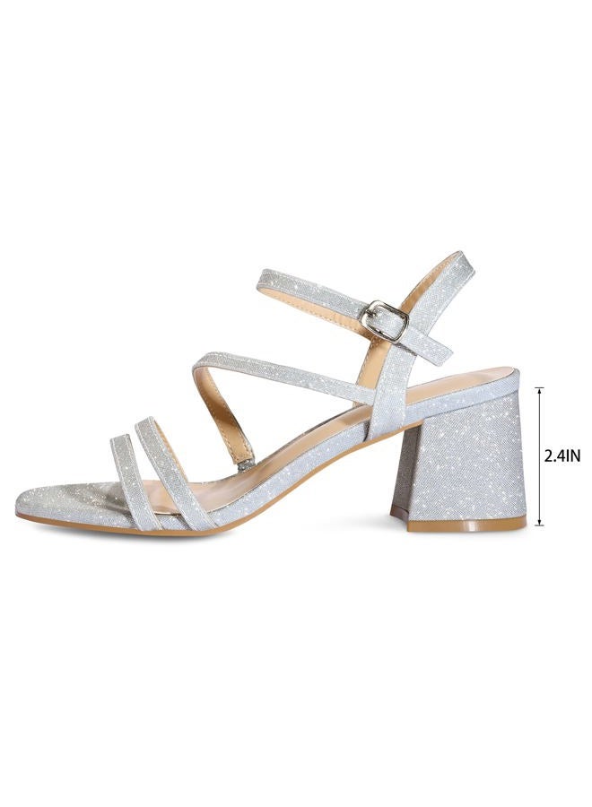 mysoft Women's Strappy Low Chunky Block Heel Sandals Open Toe Dress Shoes, Silver, 7.5 - Image 5