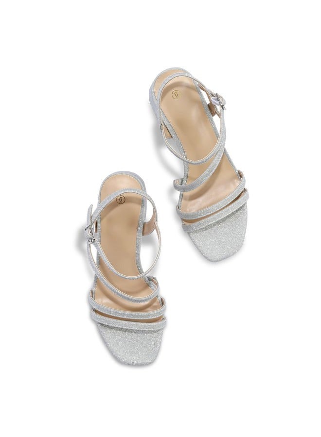 mysoft Women's Strappy Low Chunky Block Heel Sandals Open Toe Dress Shoes, Silver, 7.5 - Image 4