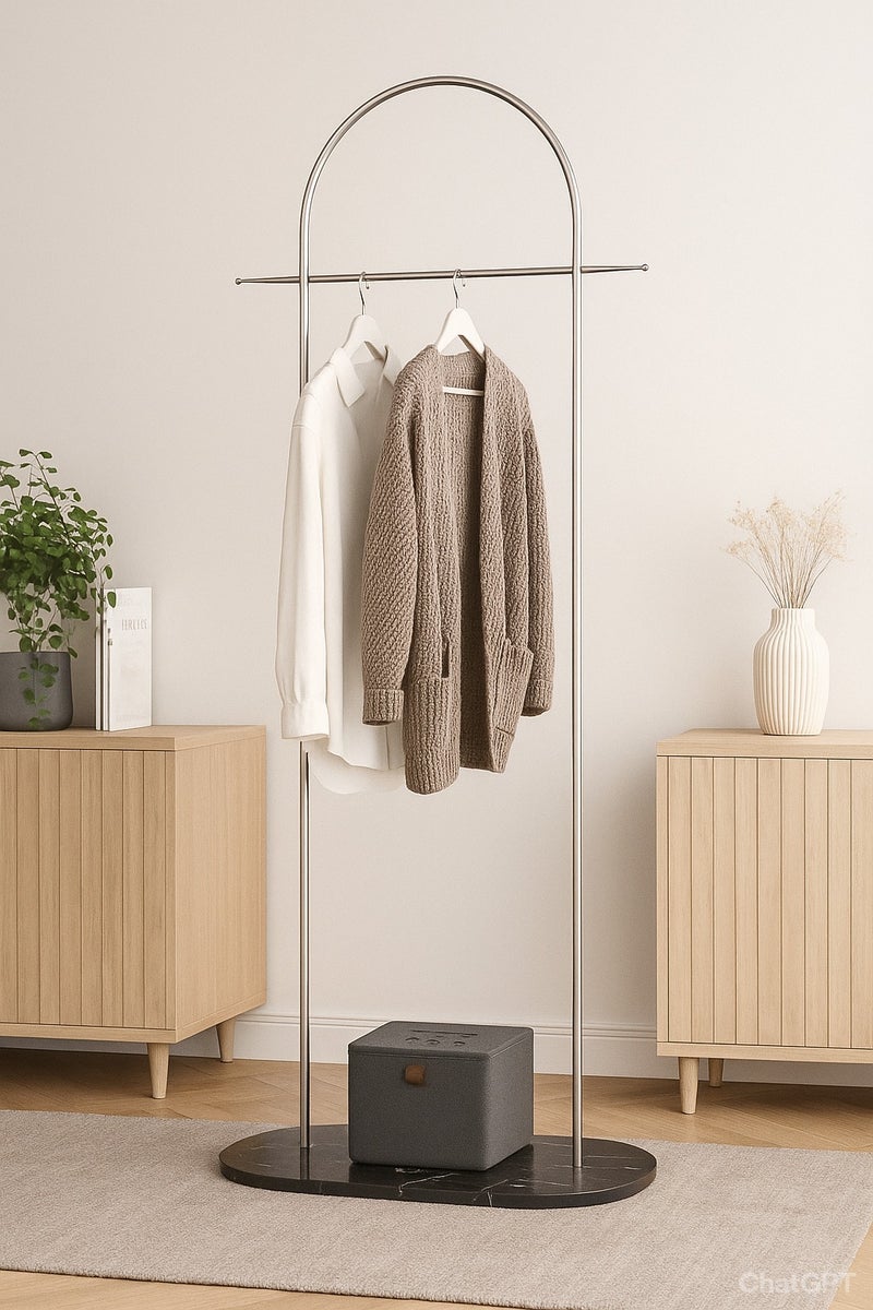 bilutih Metal clothes hanger organizer and silver clothes rack with a black marble-patterned wood base. For hanging clothes, hats, and bags. - Image 1