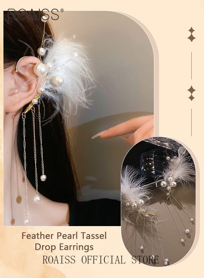 roaiss Women Ear Cuff Earrings Bridal Non Pierced Ear Cuff with Tassel Chain Design Combining Feather and Pearl Elements Personalized and Fashionable Suitable for Formal and Casual Occasions - Image 5