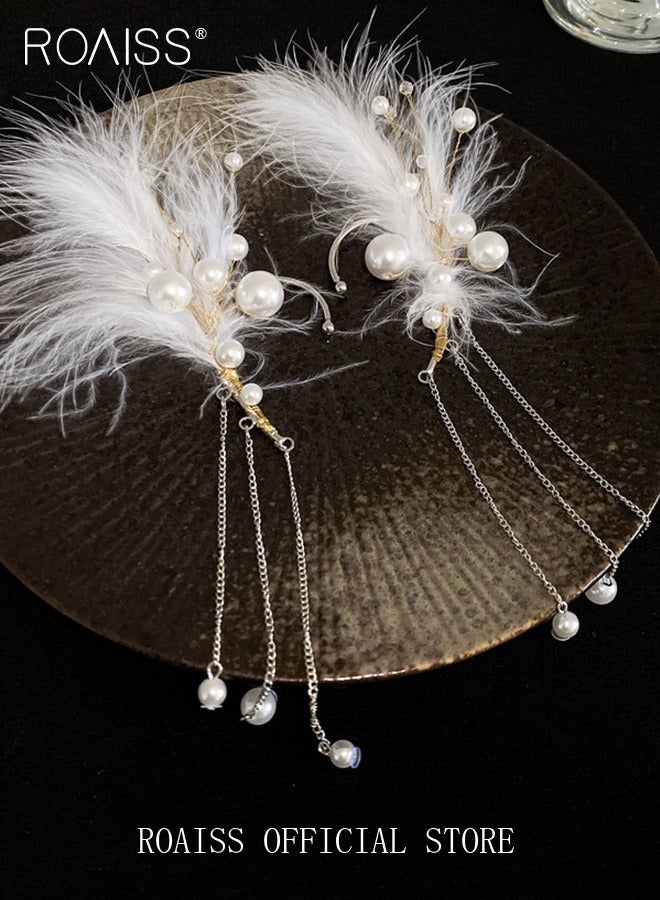roaiss Women Ear Cuff Earrings Bridal Non Pierced Ear Cuff with Tassel Chain Design Combining Feather and Pearl Elements Personalized and Fashionable Suitable for Formal and Casual Occasions - Image 2