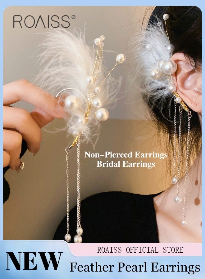 roaiss Women Ear Cuff Earrings Bridal Non Pierced Ear Cuff with Tassel Chain Design Combining Feather and Pearl Elements Personalized and Fashionable Suitable for Formal and Casual Occasions - Image 1
