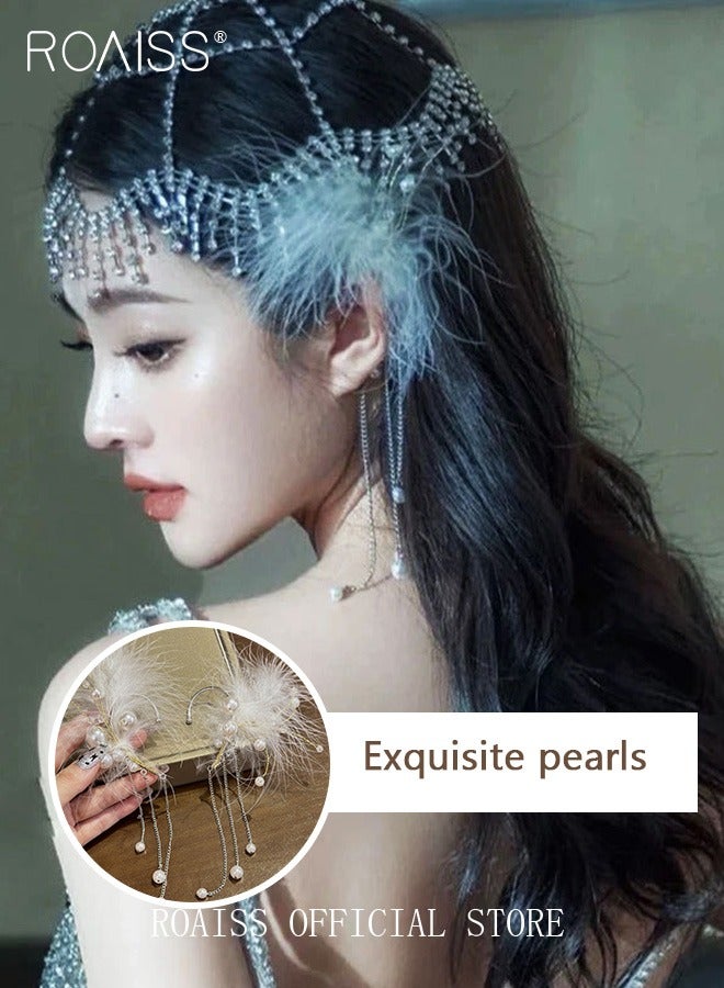 roaiss Women Ear Cuff Earrings Bridal Non Pierced Ear Cuff with Tassel Chain Design Combining Feather and Pearl Elements Personalized and Fashionable Suitable for Formal and Casual Occasions - Image 3