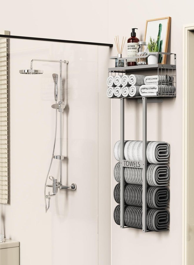 Aetyord Towel Racks for Bathroom - Wall Mounted Metal Rack with Wood Plank, Bathroom Storage Organizer, Towel Holder Stores 6 Large Rolled Towels Easily, All Grey - Image 3