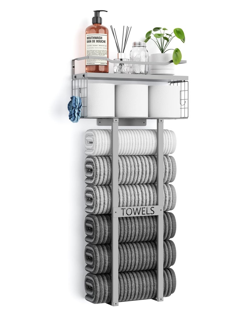 Aetyord Towel Racks for Bathroom - Wall Mounted Metal Rack with Wood Plank, Bathroom Storage Organizer, Towel Holder Stores 6 Large Rolled Towels Easily, All Grey - Image 1