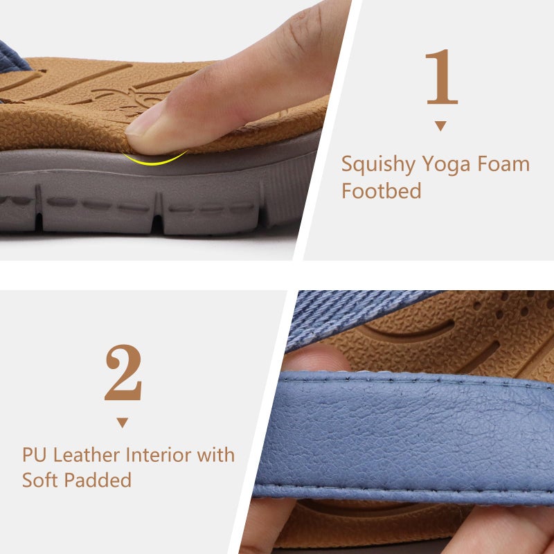 KuaiLu Casual Flip Flops for Women Comfortable Yoga Mat Arch Support Cushion Leather Slides Summer Beach Pool Outfits Flats Walking Thong Sandals Slip on Travel Essentials Orthotic Shoes Denim Size 8 - Image 5