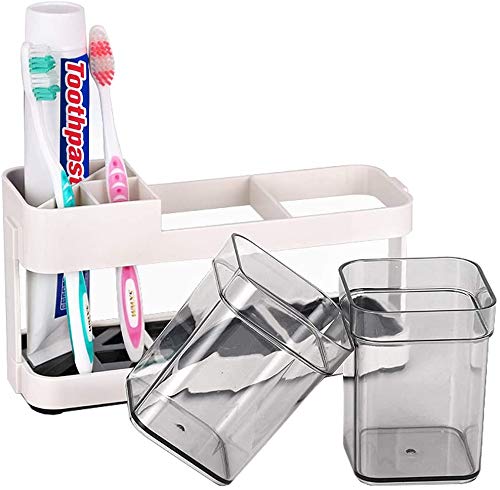 Inditradition Toothbrush Toothpaste Stand Holder with 2 Removable Cup | Bathroom Toiletries Organizer (Plastic, Beige) - Image 1