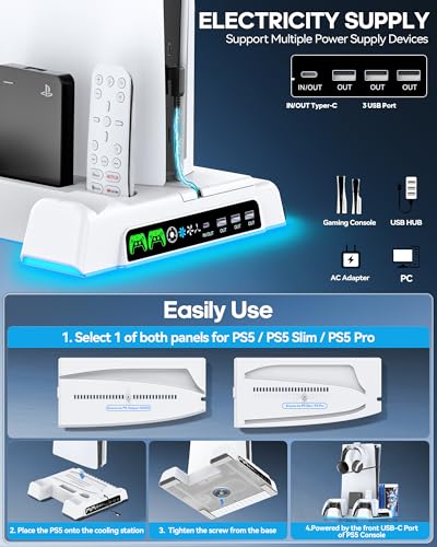 Kytok PS5/ Slim/Pro Stand for Disc & Digital Console, PS5 Cooling Station with Dual Controller Charging Station for PlayStation 5 Console, 3-Level Fan PS 5 Controller Charger Accessories Stand-White - Image 5