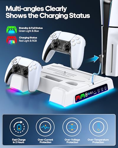 Kytok PS5/ Slim/Pro Stand for Disc & Digital Console, PS5 Cooling Station with Dual Controller Charging Station for PlayStation 5 Console, 3-Level Fan PS 5 Controller Charger Accessories Stand-White - Image 3