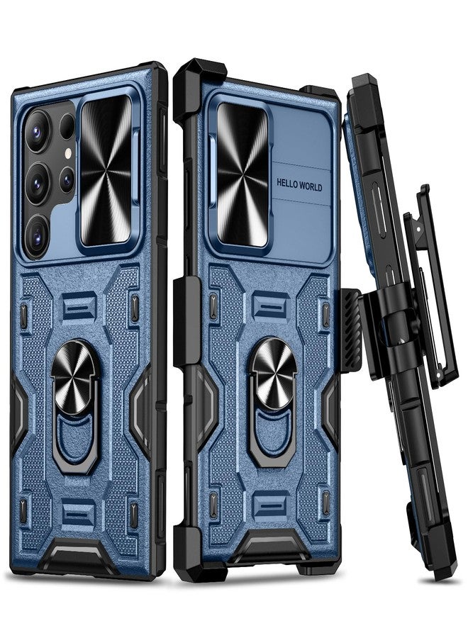 VEGO for Galaxy S24 Ultra Case with Stand, Camera Lens Cover & 360° Rotatable Ring Kickstand & Belt Clip Holster Military Protective Case for Samsung Galaxy S24 Ultra 5G - Dark Blue - Image 1