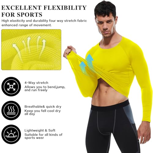 SPVISE Yellow Long Sleeve Compression Shirt Men Athletic Workout Rash Guard UPF SPF Sports Base Layer Tops Cooling Undershirt - Image 4
