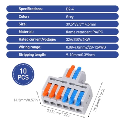 Serplex® 10Pcs Lever-Nut Wire Connectors for 28-14(12) AWG 2 In to 6 Out Conductor Compact Electrical Connectors, Quick Wiring Cable Connectors Push-in Conductor Terminal Blocks, Flame Retardant PA/PC - Image 3