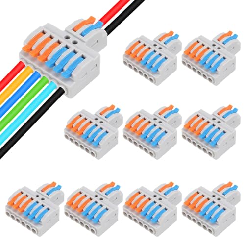 Serplex® 10Pcs Lever-Nut Wire Connectors for 28-14(12) AWG 2 In to 6 Out Conductor Compact Electrical Connectors, Quick Wiring Cable Connectors Push-in Conductor Terminal Blocks, Flame Retardant PA/PC - Image 1