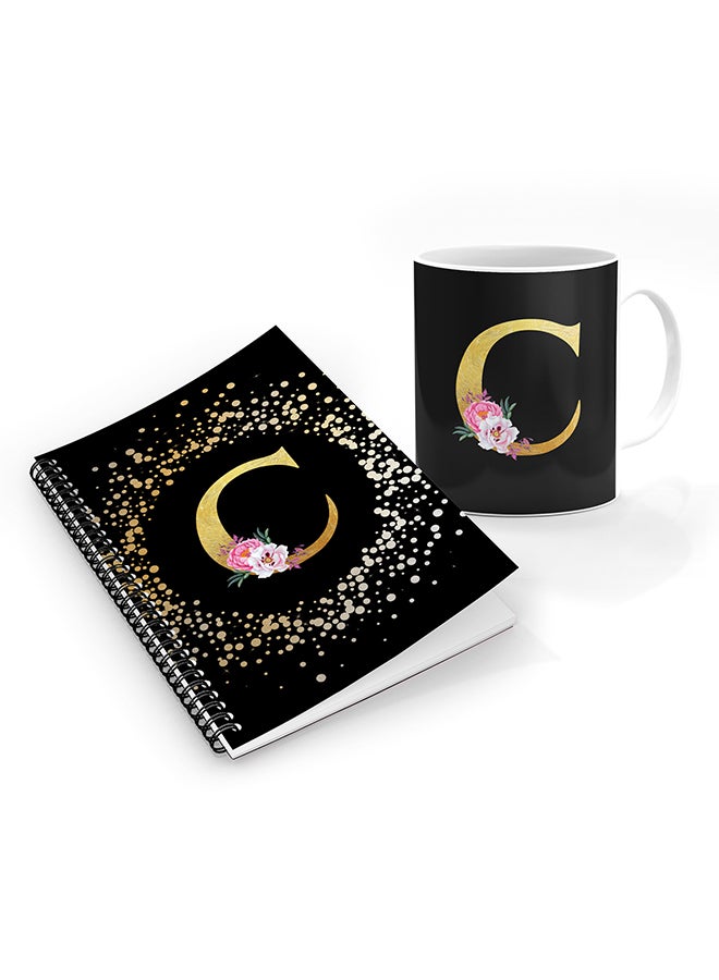 Stylizedd Printed Coffee Mug + A5 Spiral Notebook Memo Personalised Combo Gift Set Custom Monogram Initial Letter Floral Pattern Alphabet -  C (Black)