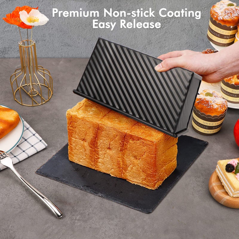 Beasea Pullman Loaf Pan with Lid, 2 Pack 1 lb Non-Stick Black Bread Loaf Pans for Homemade Bread Carbon Steel Toast Box with Cover for Bakeware Toast Oven Baking - Image 4