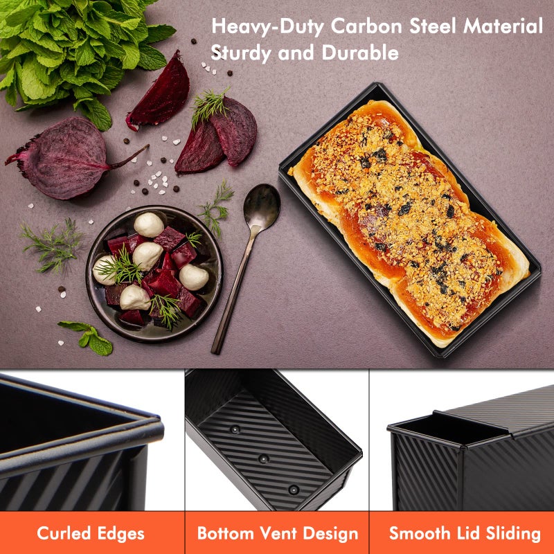 Beasea Pullman Loaf Pan with Lid, 2 Pack 1 lb Non-Stick Black Bread Loaf Pans for Homemade Bread Carbon Steel Toast Box with Cover for Bakeware Toast Oven Baking - Image 5