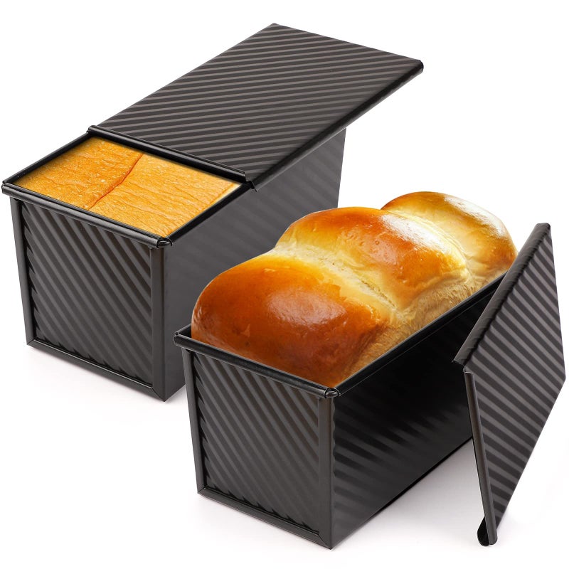 Beasea Pullman Loaf Pan with Lid, 2 Pack 1 lb Non-Stick Black Bread Loaf Pans for Homemade Bread Carbon Steel Toast Box with Cover for Bakeware Toast Oven Baking - Image 1