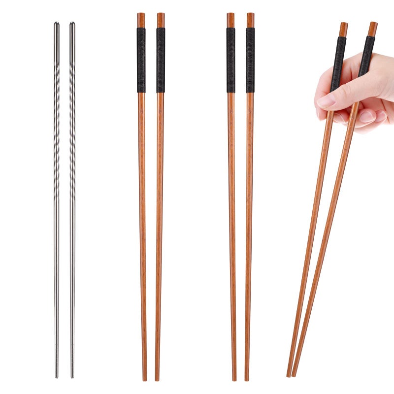 3 Pairs Extra Long Cooking Chopsticks  153 Inch Stainless Steel and 165 Inch Wooden Kitchen Chopsticks for Hot Pot Frying Noodle and Cooking Favor