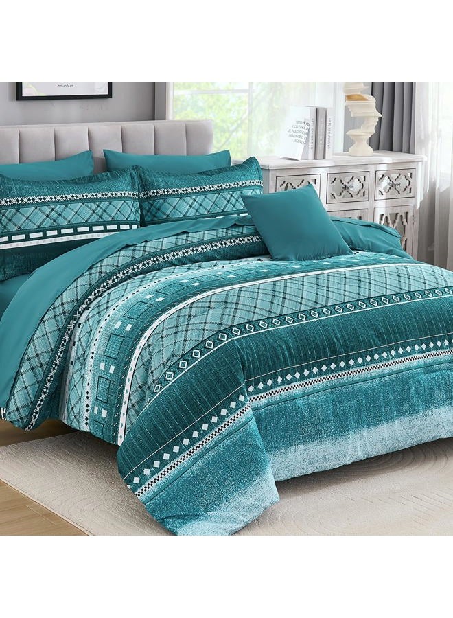 WONGS BEDDING 8 Piece Queen Size Comforter Set, Teal Texture Striped Bed in a Bag Comforter and Sheet Set, Boho Lightweight Microfiber Bedding Set for All Season (90"×90") - Image 2