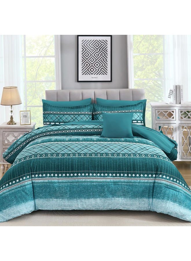 WONGS BEDDING 8 Piece Queen Size Comforter Set, Teal Texture Striped Bed in a Bag Comforter and Sheet Set, Boho Lightweight Microfiber Bedding Set for All Season (90"×90") - Image 1