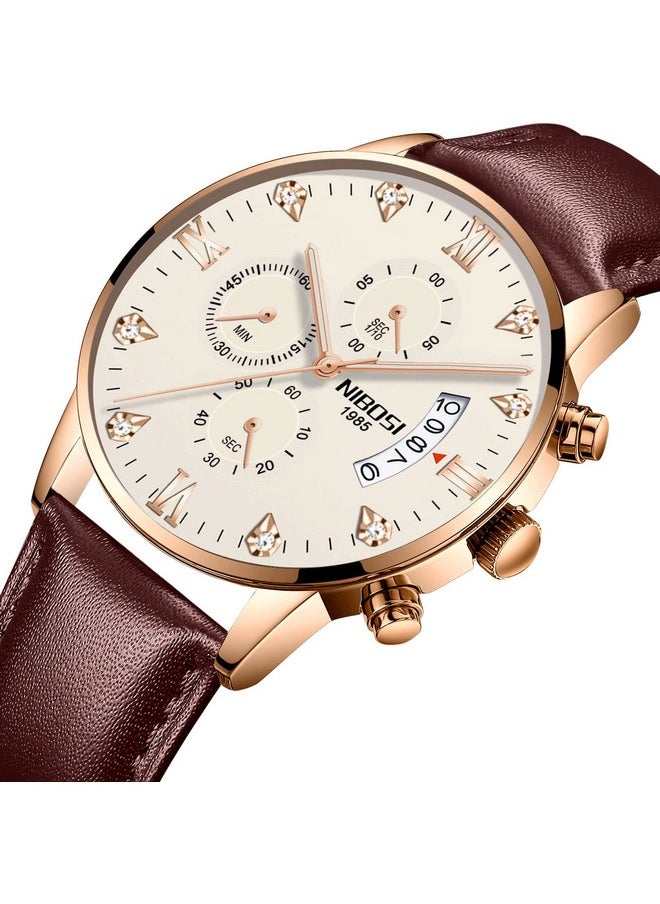 NIBOSI Leather Analogue Watch For Men Fashion Business Men Analogue Watches Ultra-Thin Waterproof Chronograph Quartz Analogue Watches With Stainless Steel Band, White Dial, Brown Band - pzsku/ZF880A410B2ABCD7E2B93Z/45/_/1737721116/7426ab0e-3c78-4037-9b5f-8bbcf1a50007