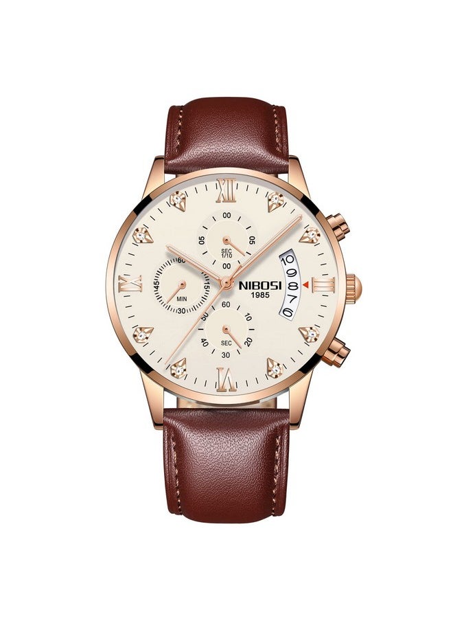 NIBOSI Leather Analogue Watch For Men Fashion Business Men Analogue Watches Ultra-Thin Waterproof Chronograph Quartz Analogue Watches With Stainless Steel Band, White Dial, Brown Band - pzsku/ZF880A410B2ABCD7E2B93Z/45/_/1737721124/7122dc2c-e7f2-4065-bb92-f407f4df6db3