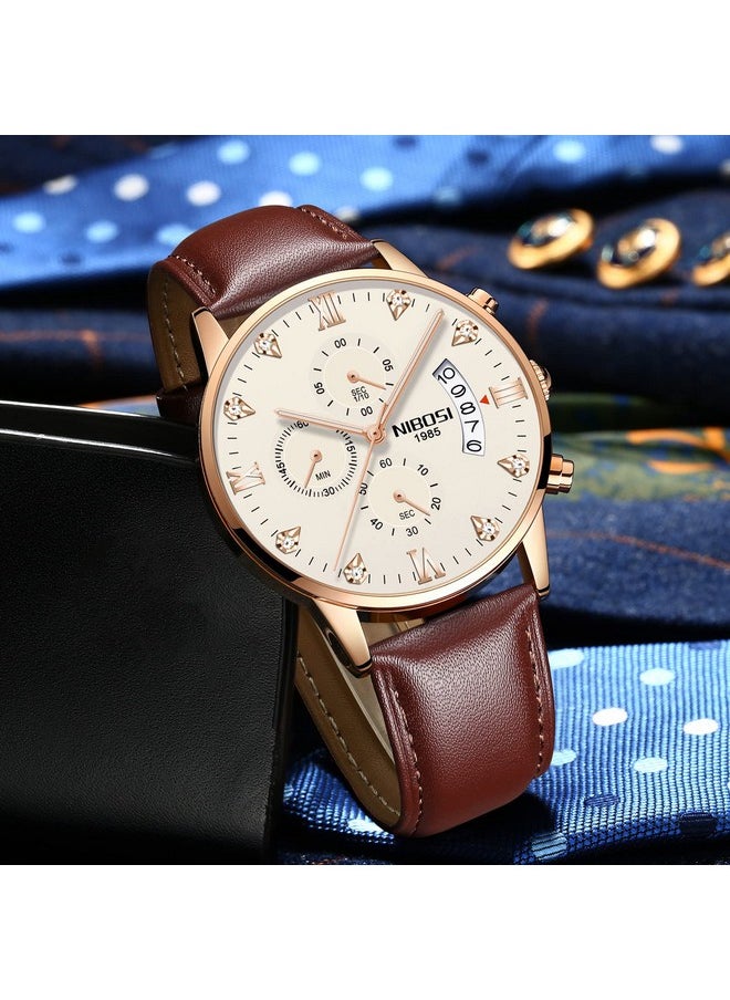 NIBOSI Leather Analogue Watch For Men Fashion Business Men Analogue Watches Ultra-Thin Waterproof Chronograph Quartz Analogue Watches With Stainless Steel Band, White Dial, Brown Band - pzsku/ZF880A410B2ABCD7E2B93Z/45/_/1737721186/a7d6ba39-e623-438f-9d88-50ccadc3bad4