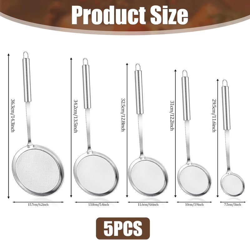 Bruislard 5 Pack Fine Mesh Skimmer Spoon Slotted Spoon Stainless Steel Hot Pot Fat Strainer Metal Food Strainer for Separation of the Floating Foam, Fat, Grease, Kitchen Cooking Mesh Food Strainers - Image 2