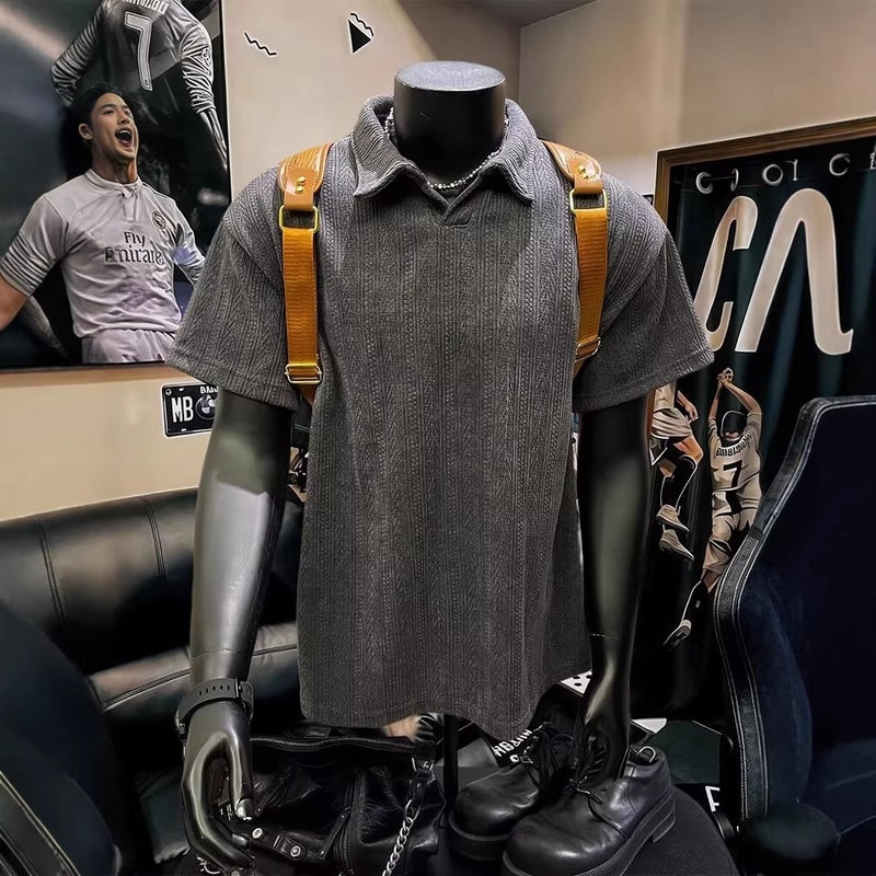 Men's Jacquard Texture Polo Shirt Short Sleeve Relaxed Fit - Image 2