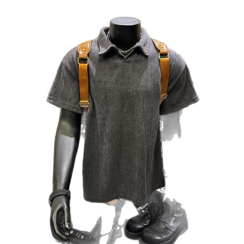Men's Jacquard Texture Polo Shirt Short Sleeve Relaxed Fit - Image 5