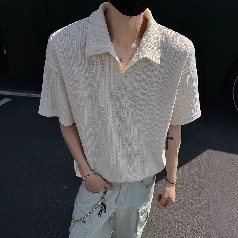 Men's Jacquard Texture Polo Shirt Short Sleeve Relaxed Fit - Image 1