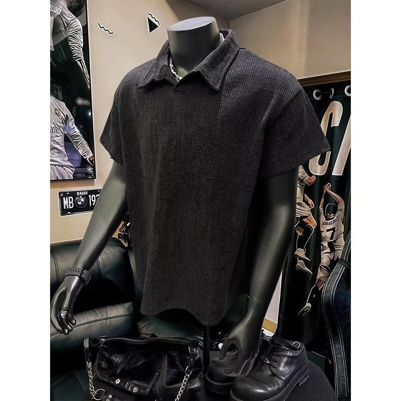 Men's Jacquard Texture Polo Shirt Short Sleeve Relaxed Fit - Image 3