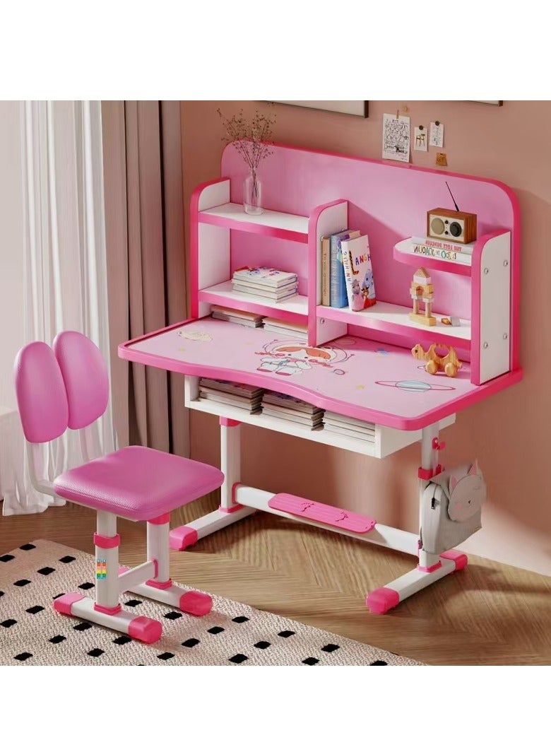 Generic Kids Study Table and Chair Set Kids Study Desk Adjustable Height Student Writing Desk Home Office Study Table with Multi-Tier Bookshelf and Storage Drawer Laptop Desk with Spacious Desktop（Pink）  - Image 1