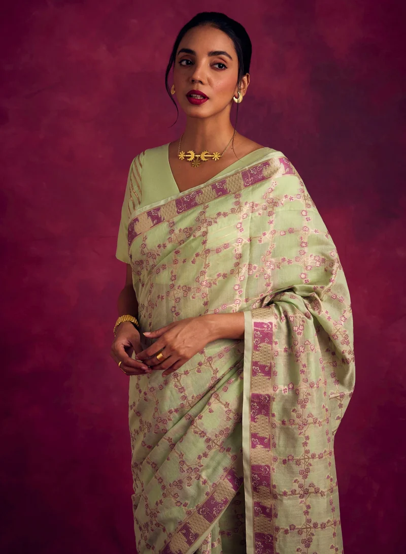 أبهشتي Banarasi sakura checks woven zari saree- Pistachio green