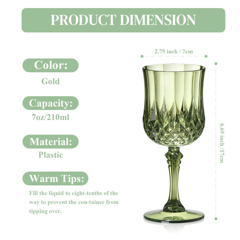 XUWAIDSGN 7oz Plastic Vintage Wine Glasses Drinking Glasses Unbreakable Wedding Glassware Crystal Water Goblets Reusable Drinkware Vintage Champagne Flutes (100, Dark Green) - Image 2