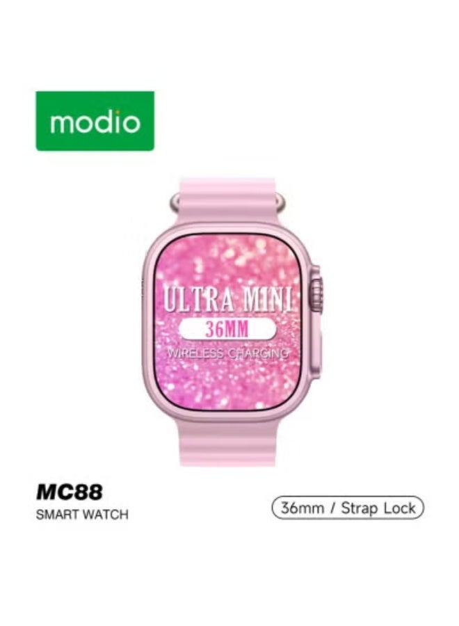 modio MC88 Ultra Mini 36mm Smart Watch in Pink – Compact and Stylish Wearable with Wireless Charging Strap and Secure Screw Lock – High-Performance Fitness Tracker with Heart Rate Monitor, Sleep Tracking, Notifications, and Long Battery Life – Perfect for Women and Men Who Value Elegance and Functionality - Image 1