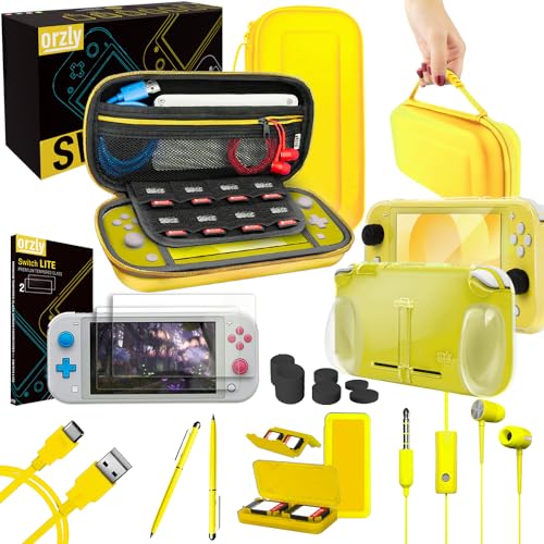 Orzly Switch Lite Accessories Bundle Case Screen Protector for Nintendo Switch Lite Console USB Cable Games Holder Comfort Grip Case Headphones ThumbGrip Pack more Orzly Gift Pack Yellow - Image 1