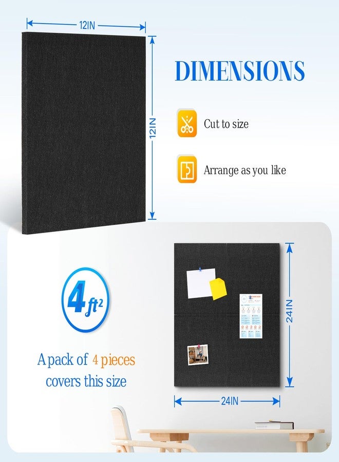 DOLLAR BOSS Felt Cork Board Tiles, 4 Packs 12" x 12" 1/2" Thick Cork Bulletin Board Self Adhesive Acoustic Panels Soundproof Corkboards for Walls with 40 Pushpins for Home Office Kitchen School, Black - Image 2
