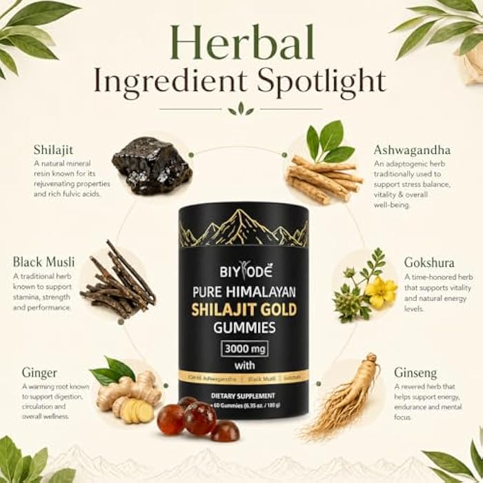 BIYODE Shilajit Gummies: Pure Shilajit Himalayan Rich in Ashwagandha Gaulshura Fulvic Acid 85 Micronutrients Suitable for Men and Women No Added Sugar 60 Gummies 30 Day Supply - Image 4