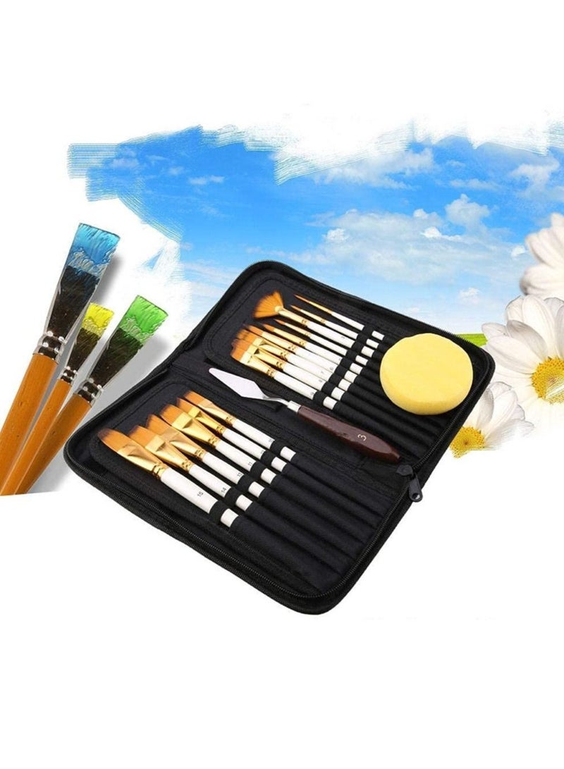 17Pcs Artist Paint Brush Set with Carrying Black Case Paint Knife Sponge for Watercolor Brush Oil Acrylic Drawing Painting - Image 1