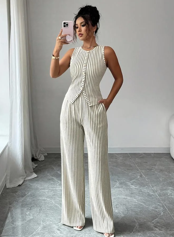 تايك تو White Striped Waistcoat And Wide Leg Pants Co-Ord Set