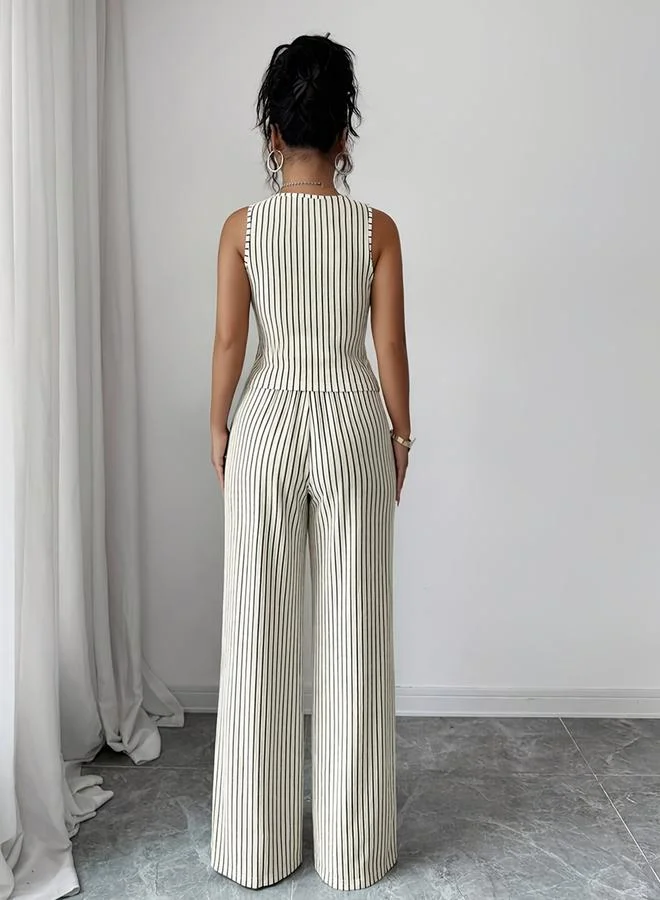 تايك تو White Striped Waistcoat And Wide Leg Pants Co-Ord Set