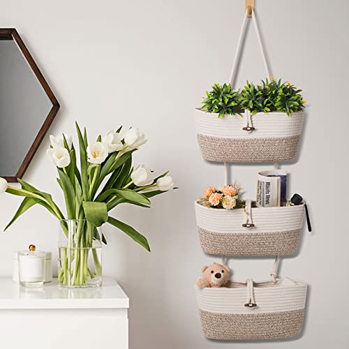 Oradrem Over the Door Basket Cotton Rope Organizer, 3-Tier Wall Hanging Storage Basket, Closet Organizing, Decorative Baskets for Organizing Living Room—14.5“x7 (Apricot) - Image 5