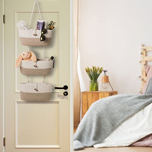 Oradrem Over the Door Basket Cotton Rope Organizer, 3-Tier Wall Hanging Storage Basket, Closet Organizing, Decorative Baskets for Organizing Living Room—14.5“x7 (Apricot) - Image 2