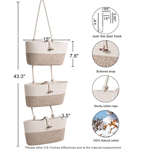 Oradrem Over the Door Basket Cotton Rope Organizer, 3-Tier Wall Hanging Storage Basket, Closet Organizing, Decorative Baskets for Organizing Living Room—14.5“x7 (Apricot) - Image 3