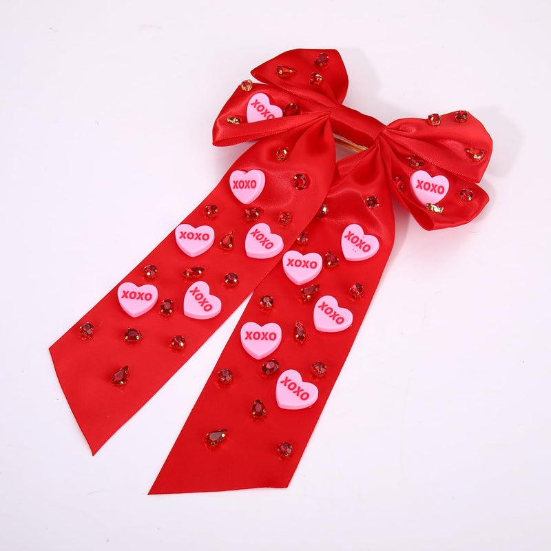 Boderier Valentines Day Hair Bows for Women Girls Conversation Candy Heart Hair Bow Clips Jeweled XOXO Hair Bows Valentines Day Gifts for Her Red XOXO Heart - Image 5