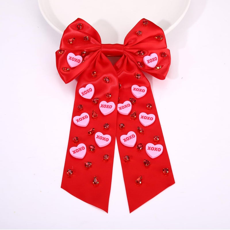 Boderier Valentines Day Hair Bows for Women Girls Conversation Candy Heart Hair Bow Clips Jeweled XOXO Hair Bows Valentines Day Gifts for Her Red XOXO Heart - Image 4