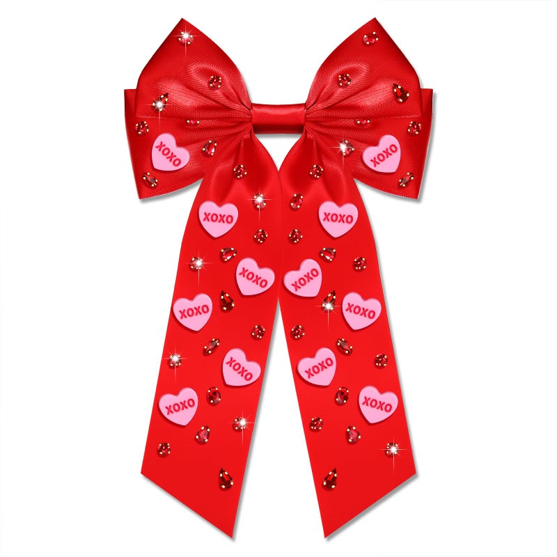 Boderier Valentines Day Hair Bows for Women Girls Conversation Candy Heart Hair Bow Clips Jeweled XOXO Hair Bows Valentines Day Gifts for Her Red XOXO Heart - Image 1