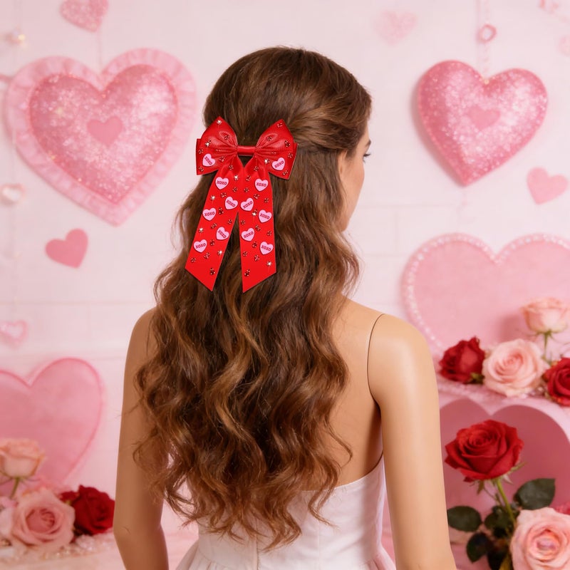 Boderier Valentines Day Hair Bows for Women Girls Conversation Candy Heart Hair Bow Clips Jeweled XOXO Hair Bows Valentines Day Gifts for Her Red XOXO Heart - Image 2